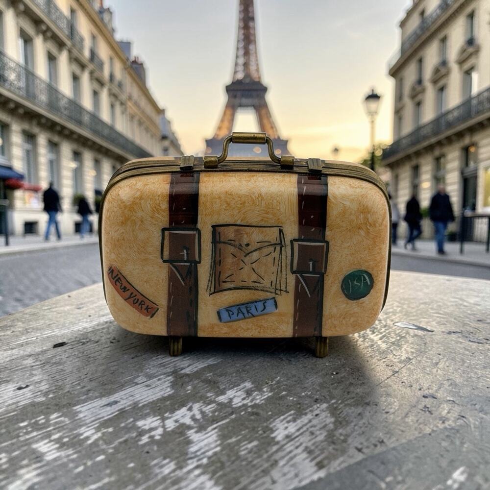 Rochard Limoges Travel Suitcase Trinket Box Hand Painted Porcelain France